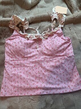 Blogilates Pink Floral Ruffle Lace Up Tank Top